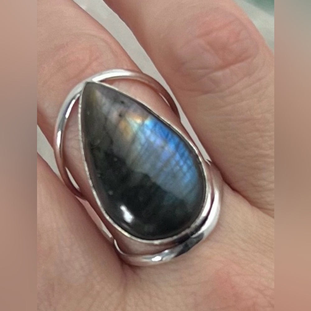 Flash Labradorite Big Ring Size 9 Sterling Silver 925 Ring Pear Handmade New - Picture 3 of 7